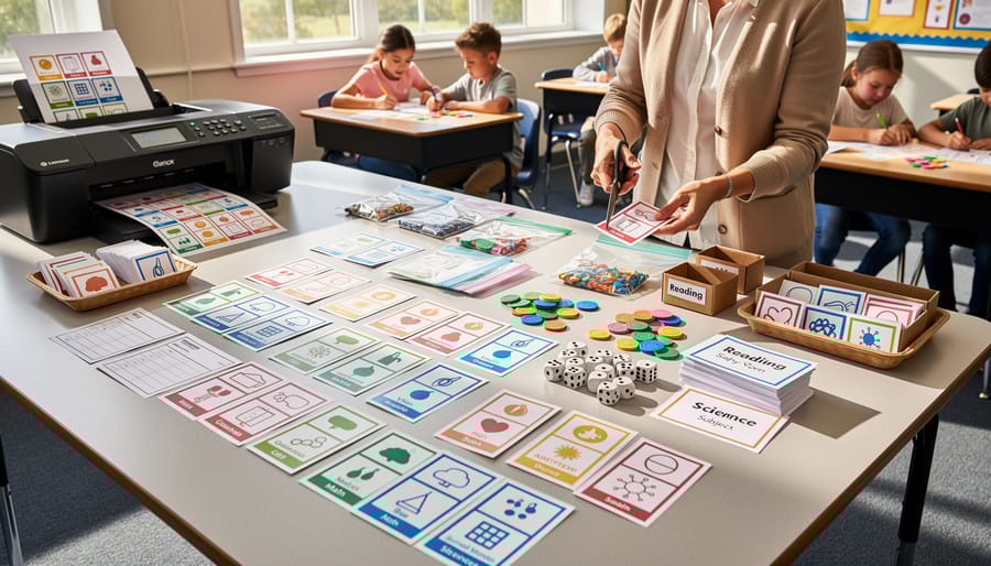 Array of colorful printed educational game components including cards, boards, and tokens