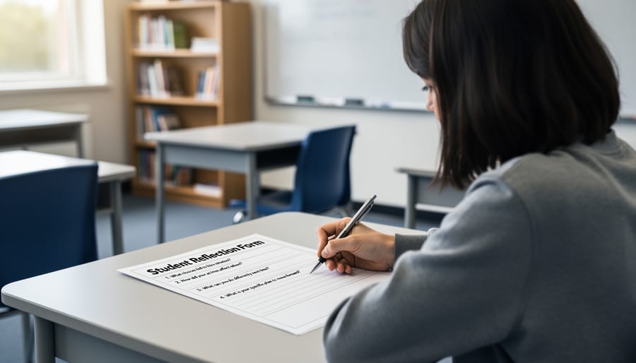 Overhead view of student's hands completing reflection form at desk
