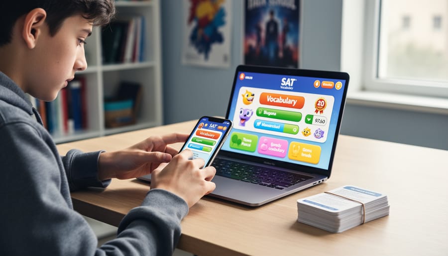 Student studying SAT vocabulary with both traditional flashcards and interactive game-based tools
