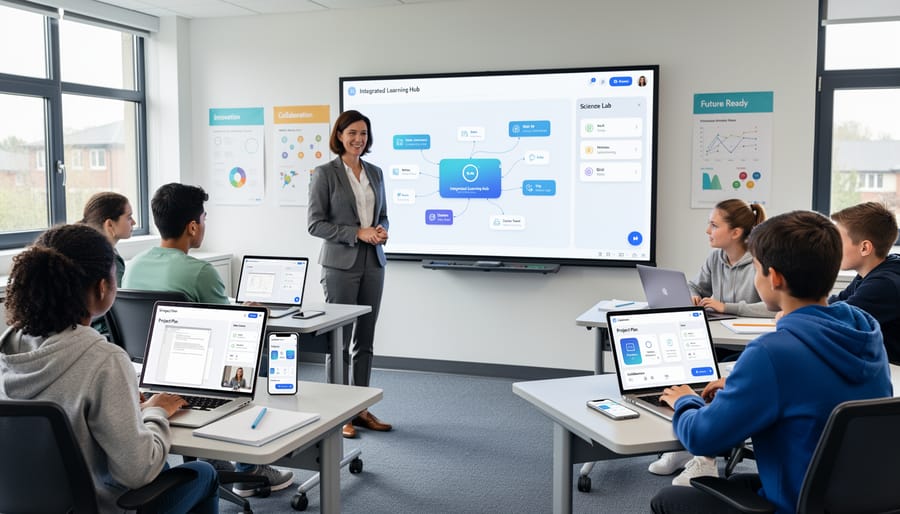 Students collaborating with tablets and laptops in modern classroom setting