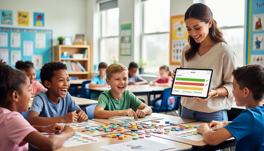 Teacher organizing colorful sticky notes on desk for tracking student assessment data