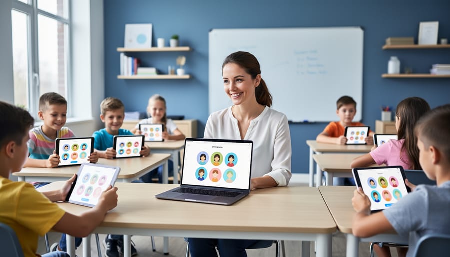 Teacher launching a learning game on a laptop as students log in on tablets with icon-based interfaces and no visible text, in a bright modern classroom with windows, whiteboard, and shelves softly blurred in the background.