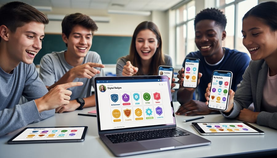 Student reaching toward colorful digital achievement badges displayed on tablet screen