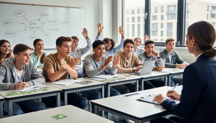 Students sitting in circle during classroom game debrief with several raising hands to participate