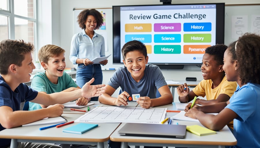 Student confidently presenting to classmates during interactive review game activity