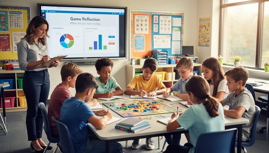 Two students reviewing their game reflection papers together at classroom desk