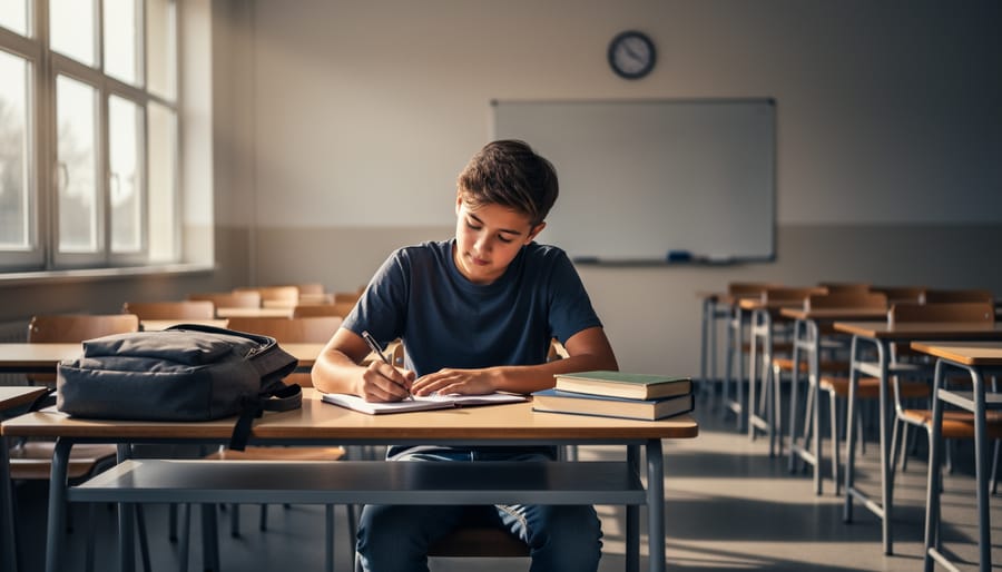 Student writing thoughtfully in notebook during reflection time in classroom setting