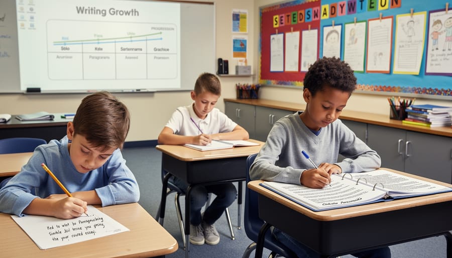 Student's hands writing in notebook during elementary school language arts class