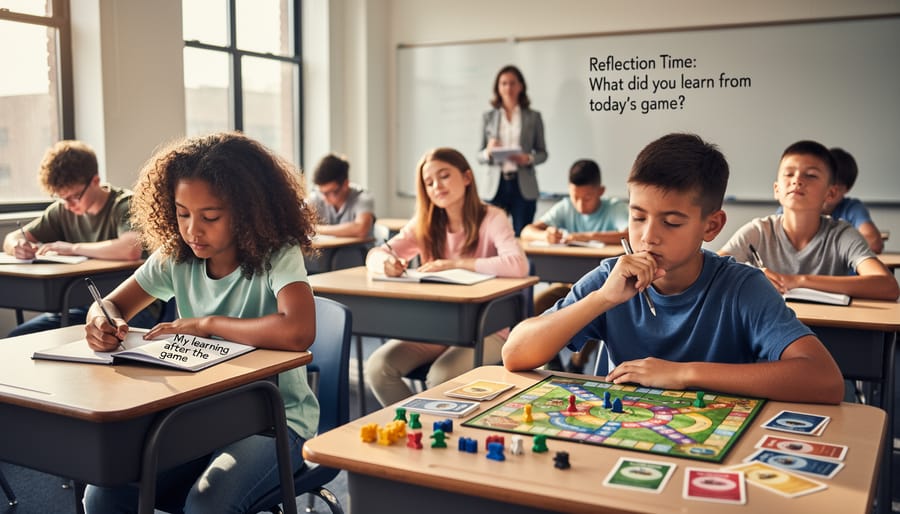 Student's hands writing reflections in notebook during classroom activity