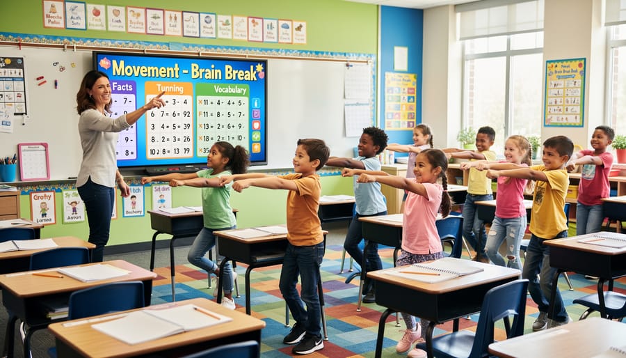 Students participating in active learning brain break activity in classroom