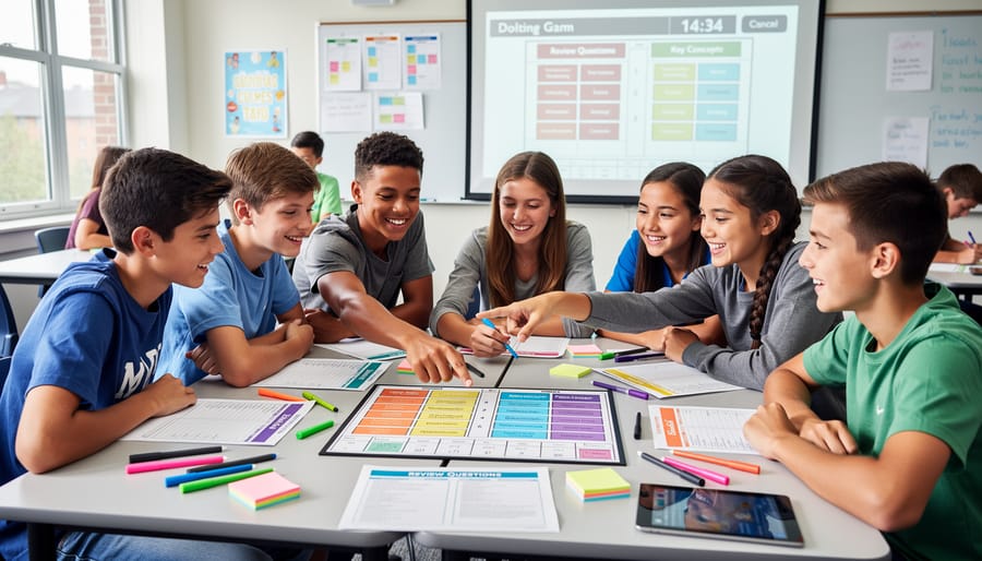 Elementary students working together in small groups on the classroom floor with worksheets and pencils