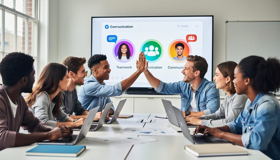 Group of diverse students collaborating together on classroom project with digital devices