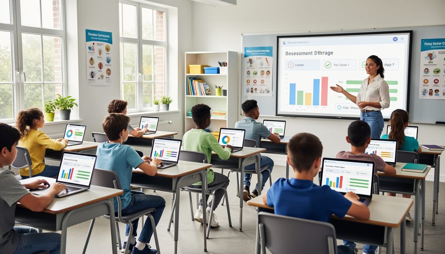 Elementary students using tablets and laptops for digital learning activities in bright modern classroom