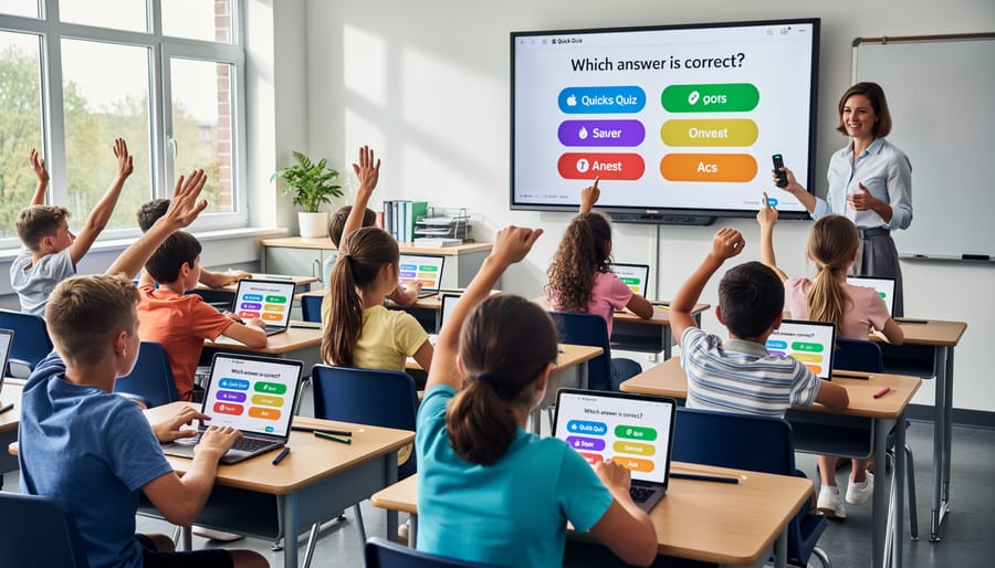 Elementary students engaged with digital quiz game on tablet in classroom setting