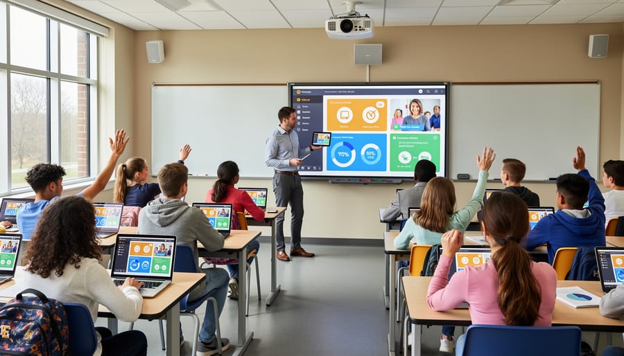 Elementary students using tablets for interactive learning in bright classroom setting