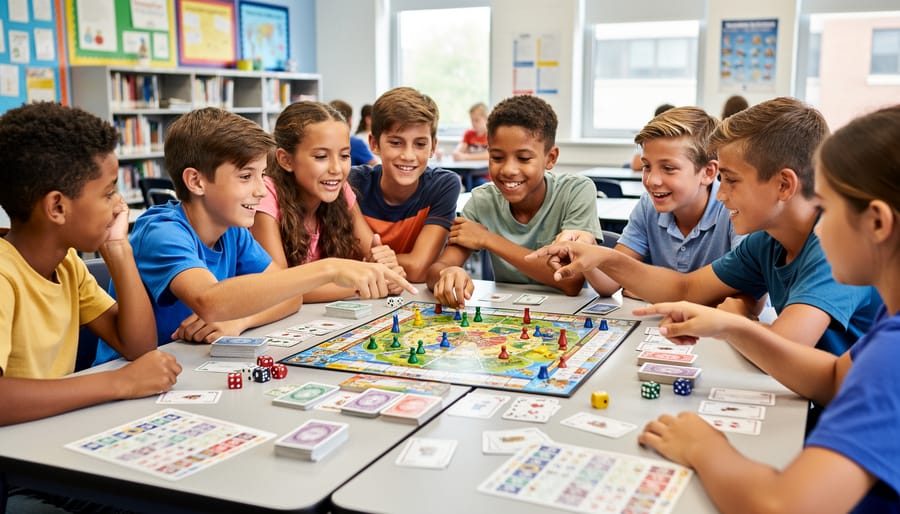 Elementary students engaged in collaborative board game learning activity at classroom table