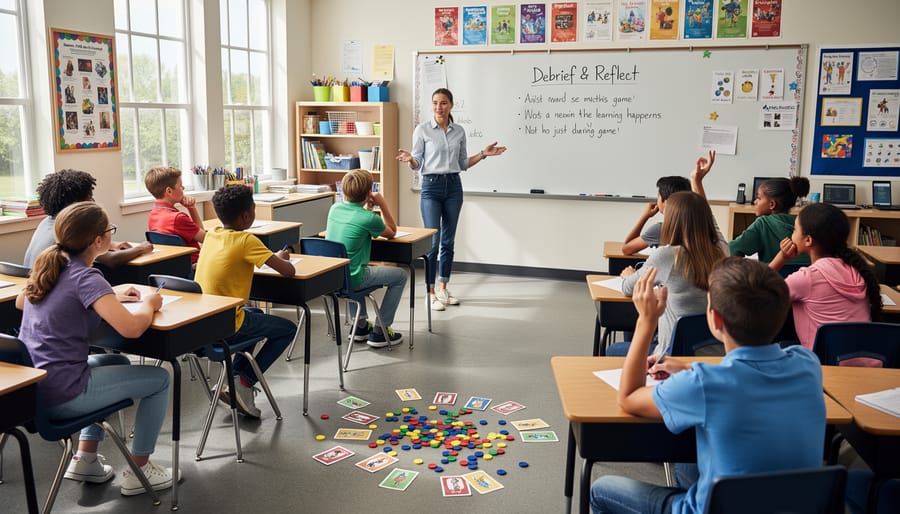 Elementary students playing educational board game together in classroom circle