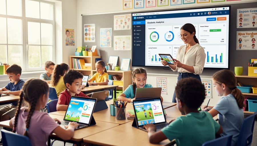 Students collaboratively playing educational game on laptop in classroom setting