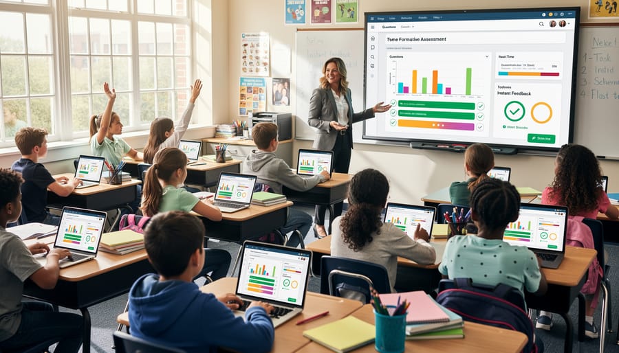 Students using tablets for interactive classroom assessment while teacher monitors progress