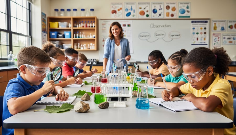 Two elementary students using magnifying glass to examine natural science materials together