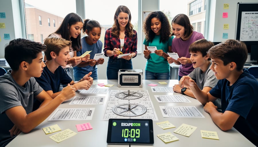 Students' hands working together on cipher decoder and puzzle clues during escape room activity