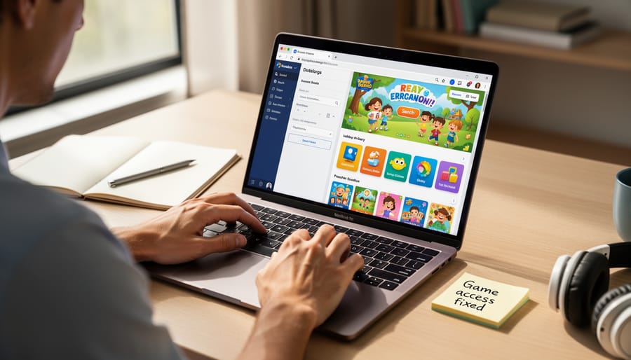 Teacher adjusting browser settings on laptop computer in classroom environment