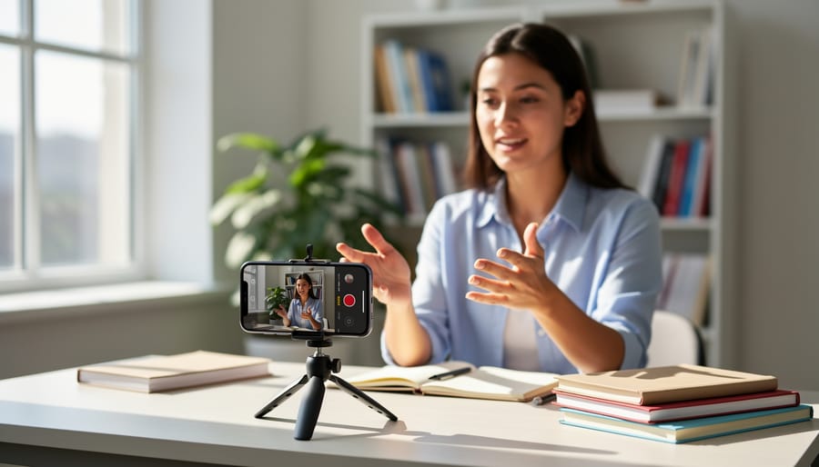 Teacher recording short educational video lesson on smartphone in classroom