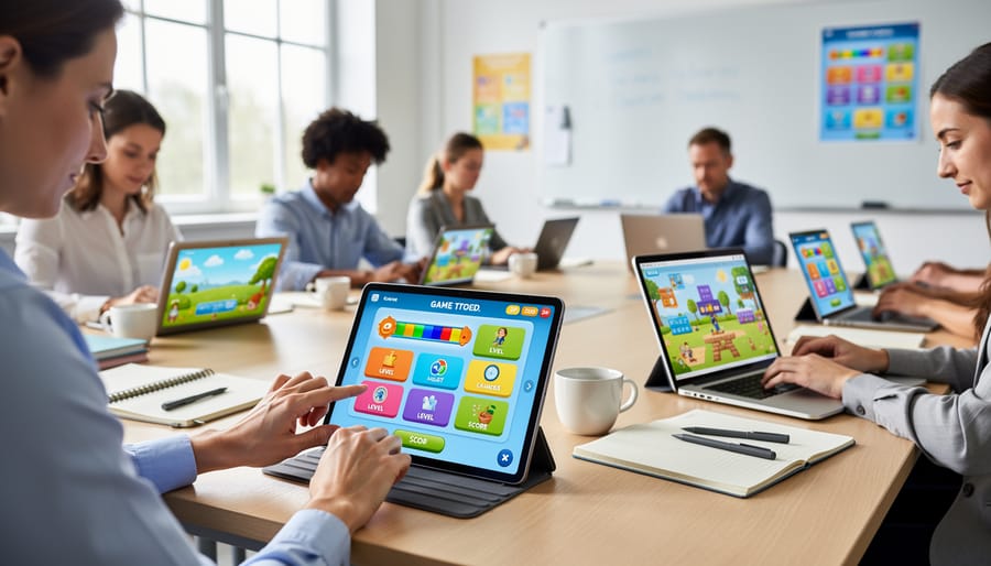 Teacher's hands holding tablet showing colorful educational game template with children in background