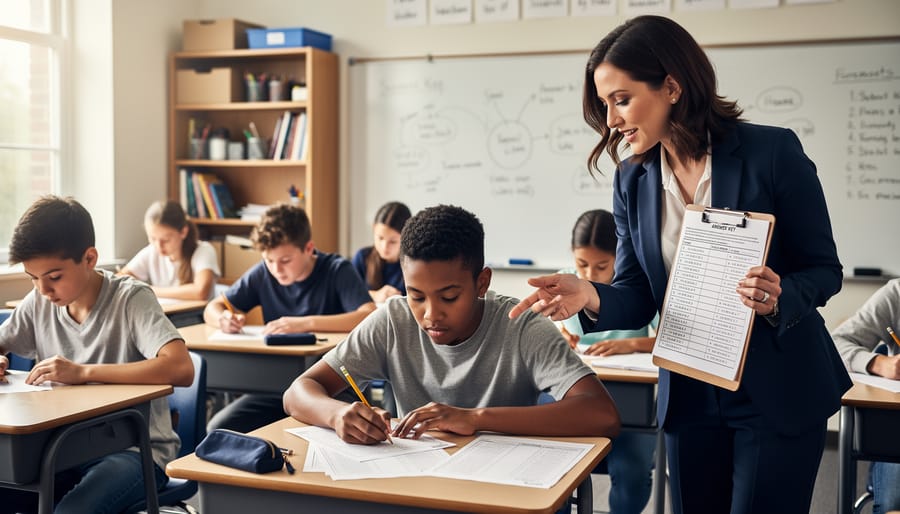 Teacher monitoring and supporting students working on escape room puzzles in classroom