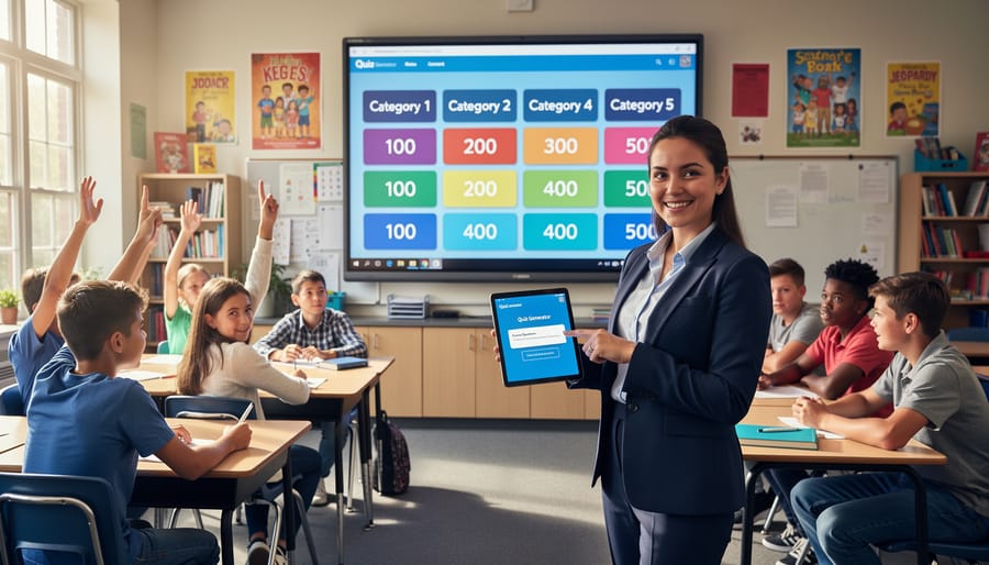 Teacher using laptop to create game-based learning questions at classroom desk