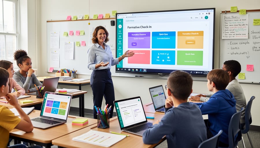 Teacher using tablet-based formative assessment tool during interactive classroom lesson