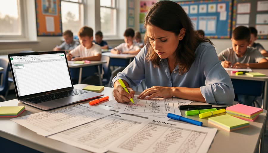 Overhead view of teacher's desk with laptop, paperwork, and class management materials