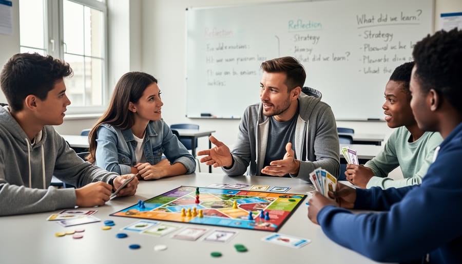 Teacher leading discussion with students after classroom game activity
