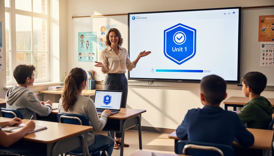 Teacher and student reviewing digital credentials together on laptop in classroom