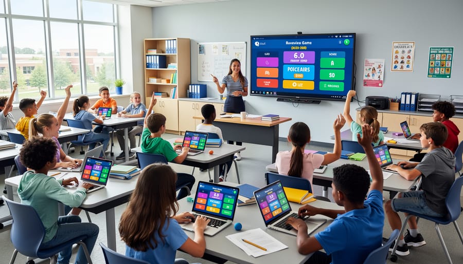Teacher holding tablet showing digital question generator interface in classroom setting