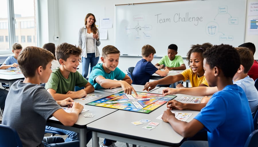 Students working together in small teams during collaborative classroom game activity