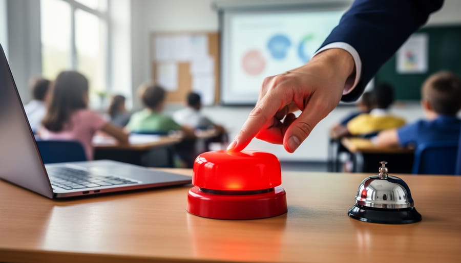 Close-up of a teacher pressing a red game-show buzzer beside a laptop and small desk bell on a classroom desk, with students and a projector screen softly blurred in the background.