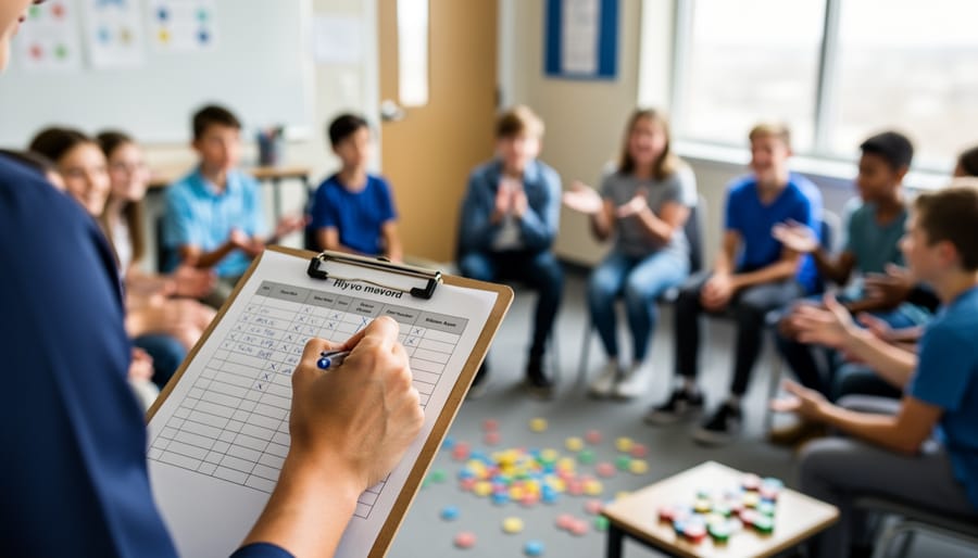 Over-the-shoulder view of a teacher marking a clipboard while observing students seated in a semi-circle discussing a game, with soft natural light and blurred game pieces in the background.