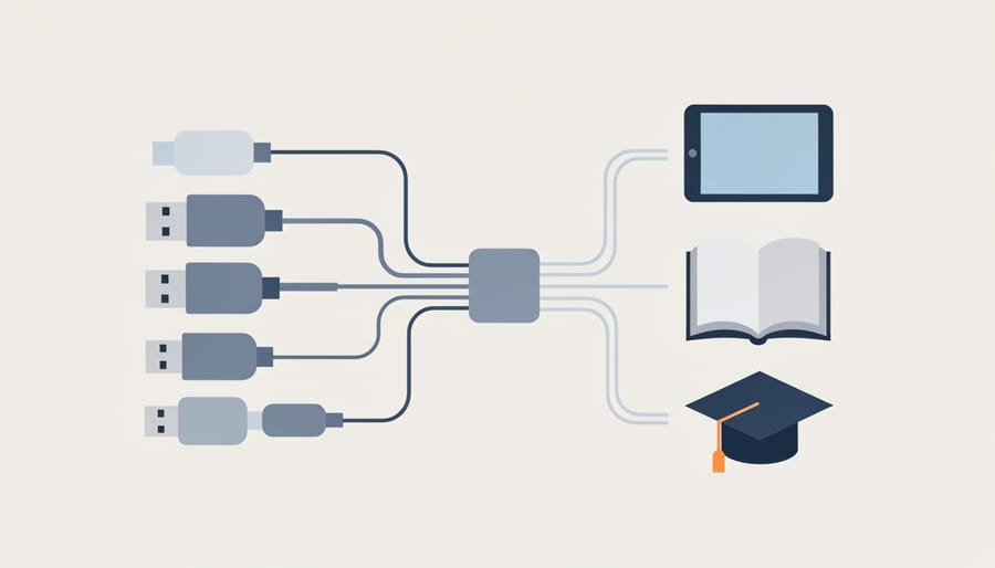 Various USB cables and connectors joined together representing universal connection standards