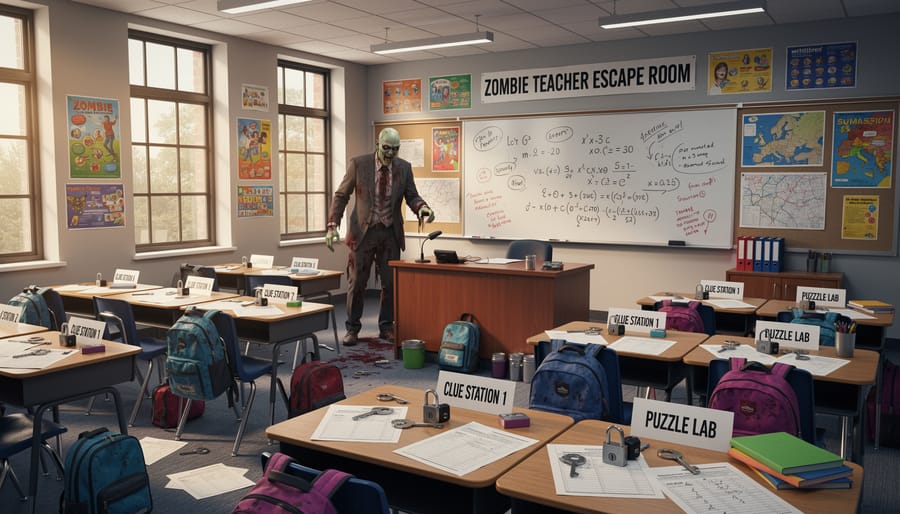 Classroom setup with zombie-themed escape room props including locked boxes and Halloween decorations on student desks