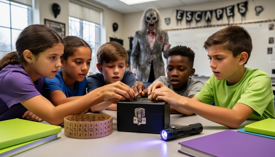 Upper-elementary students work together at a classroom table to open a combination lockbox with a cipher wheel and UV flashlight, while a teacher in a playful zombie costume supervises in the softly blurred background amid non-text classroom decorations.