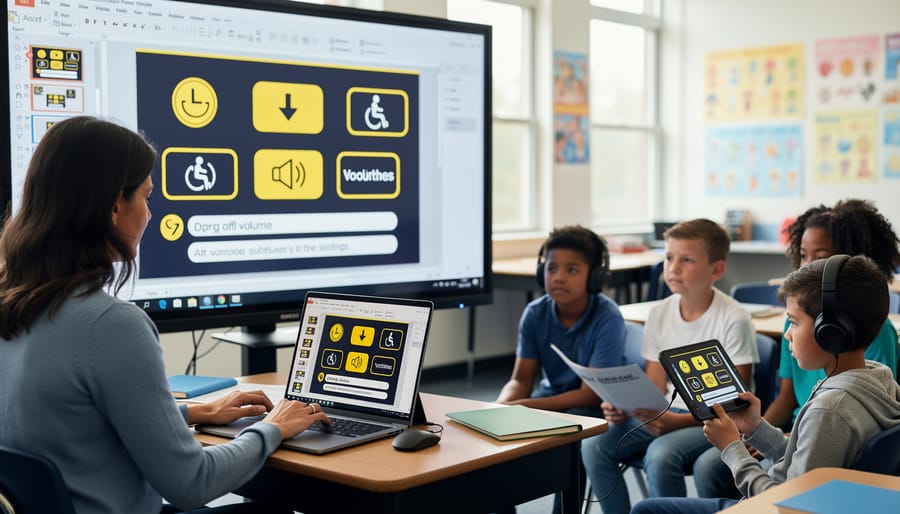 Teacher adjusting laptop displaying high-contrast educational game while student with headphones prepares to participate