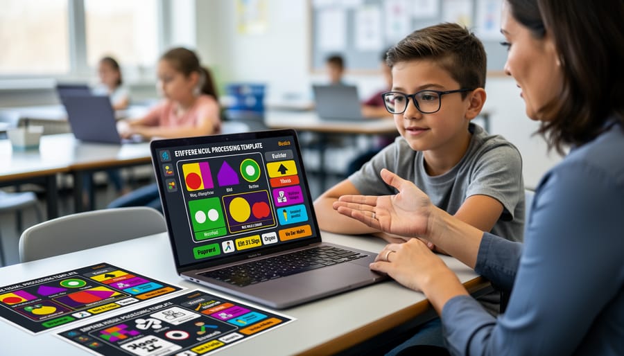 Teacher presenting colorful, high-contrast classroom game on digital screen