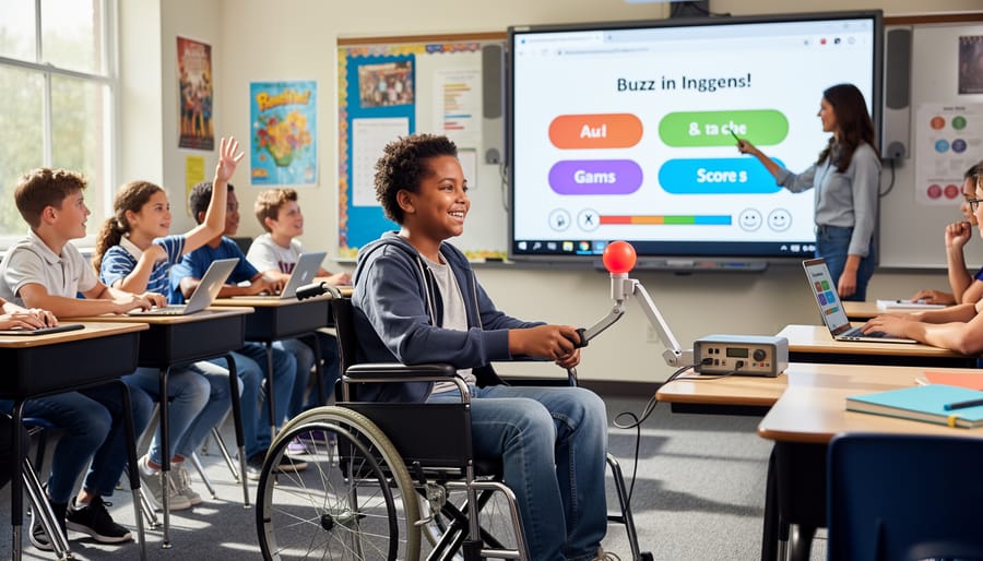 Student's hand pressing adaptive switch device positioned next to tablet during educational game