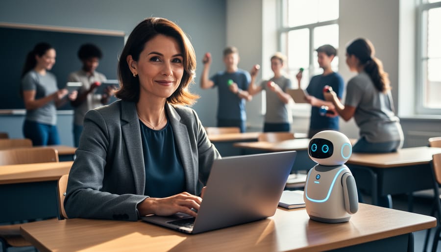 Teacher at a desk with an open laptop and small assistant robot, smiling while students in the blurred background use tablets and buzzers during a classroom review game under soft natural light.