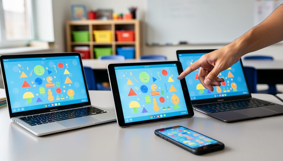Classroom tabletop with a Chromebook, iPad, laptop, and smartphone showing the same colorful, text-free game while a teacher’s hand points; softly blurred classroom background.