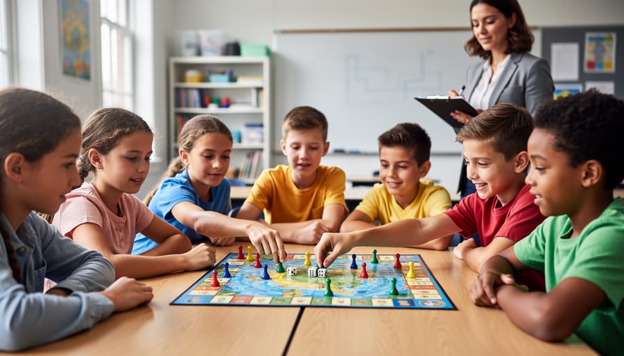 Teacher observing a diverse group of upper-elementary students playing an educational board game with colorful tokens and dice at a classroom table; sharp focus on hands and pieces, blurred classroom background.