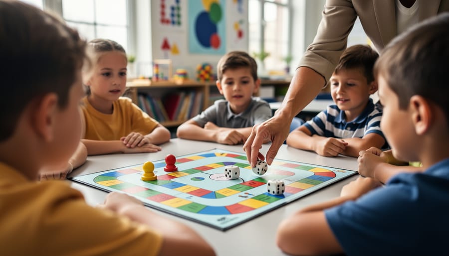Teacher placing a color-coded token on a board game as elementary students watch at a classroom table, with dice and tokens visible and shelves softly blurred in natural daylight.