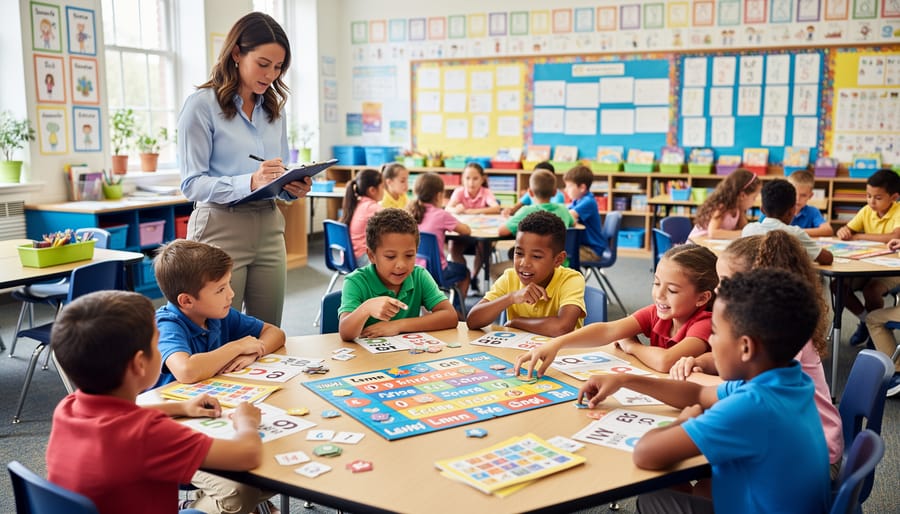 Teacher and students playing educational board game together on classroom floor