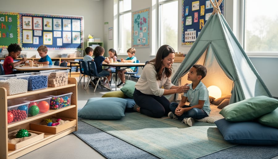Classroom sensory corner with soft seating, fidget tools, and calming tent space